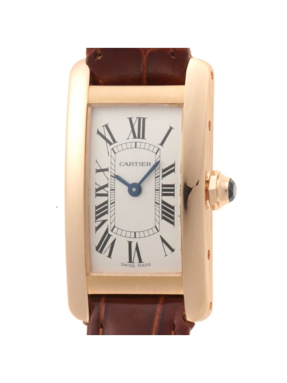 Cartier Tank Americanine SM Watch 18k Yellow Gold Leather Strap Silver Quartz